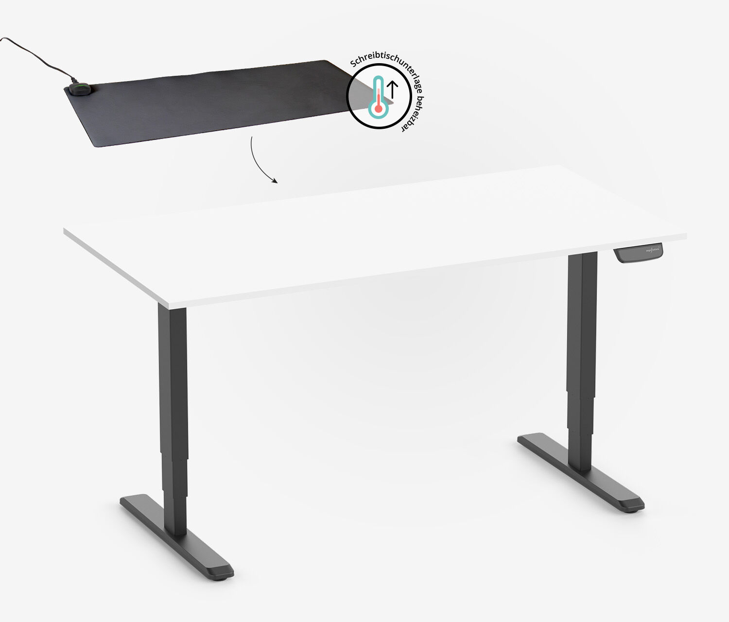 PRIMUS Rechthoekig bureau, frame zwart, tafelblad 1200 x 700 x 19 mm wit + Verwarmbaar bureaukussen