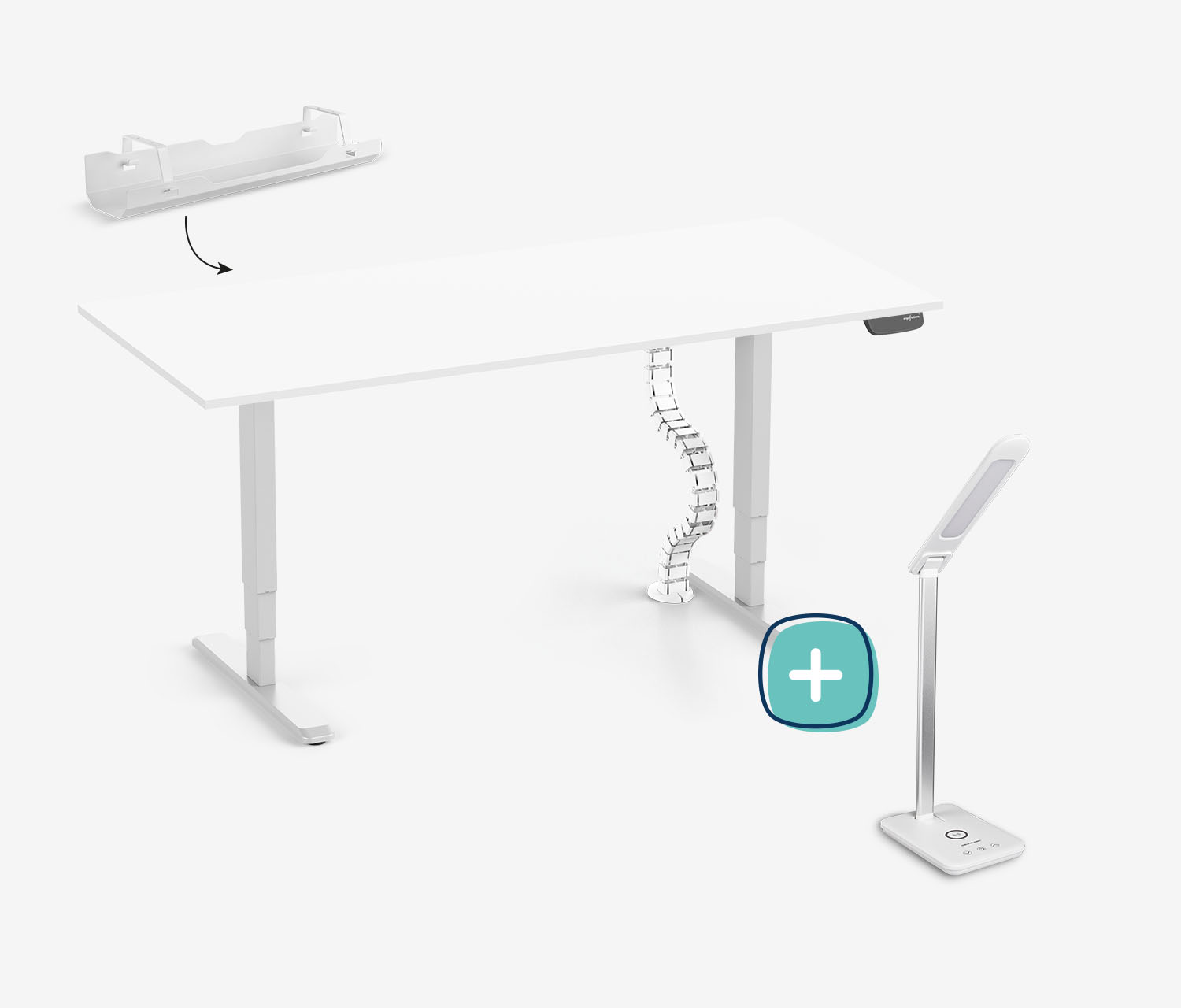 PRIMUS bureau + kabelgoot, kabelslang & bureaulamp