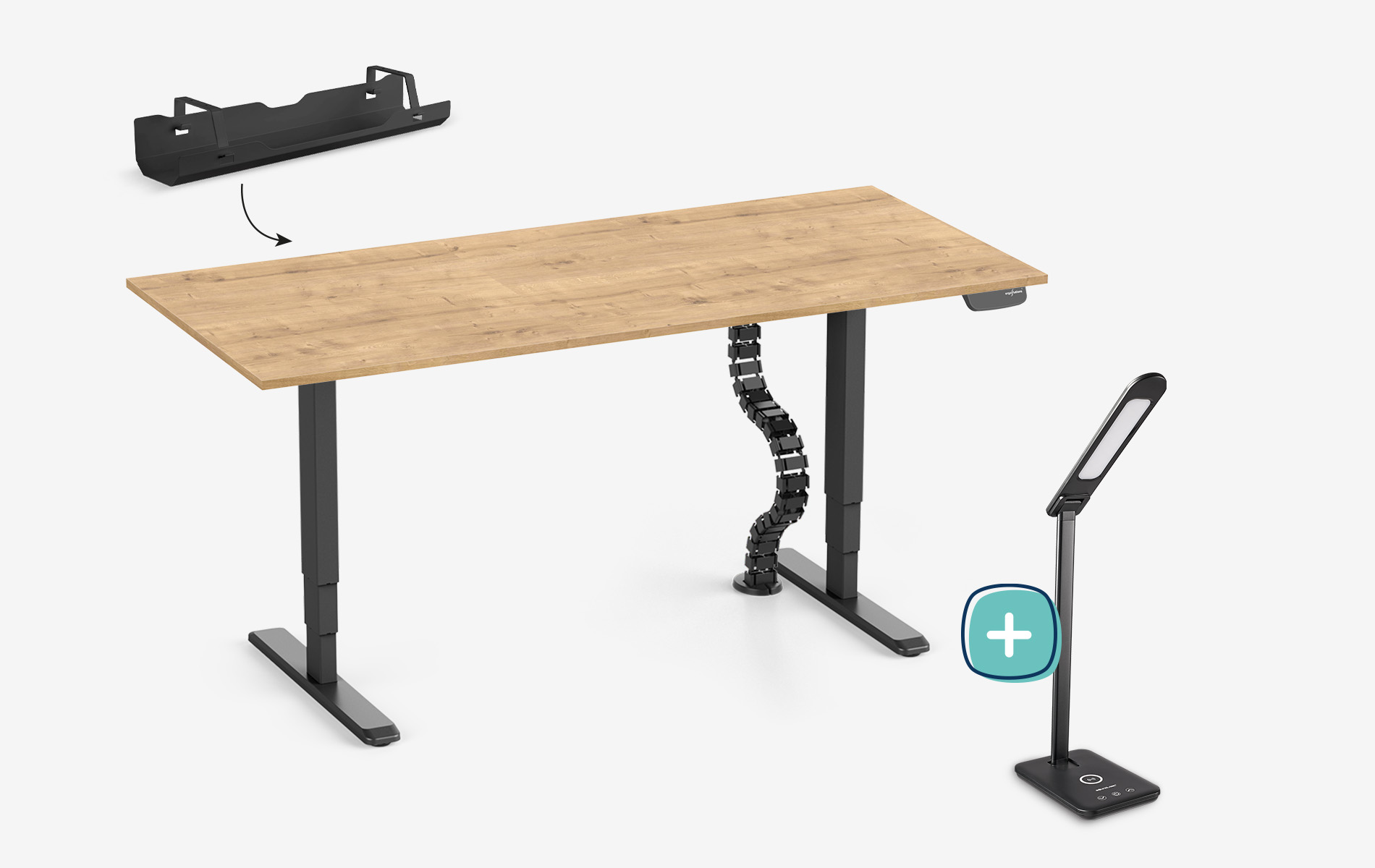 PRIMUS bureau + kabelgoot, kabelslang & bureaulamp